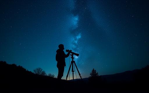 밤하늘 아래 망원경으로 별을 관측하는 사람