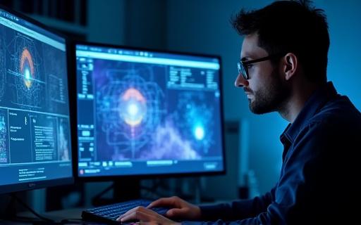 연구원이 천문 데이터를 분석하는 모습